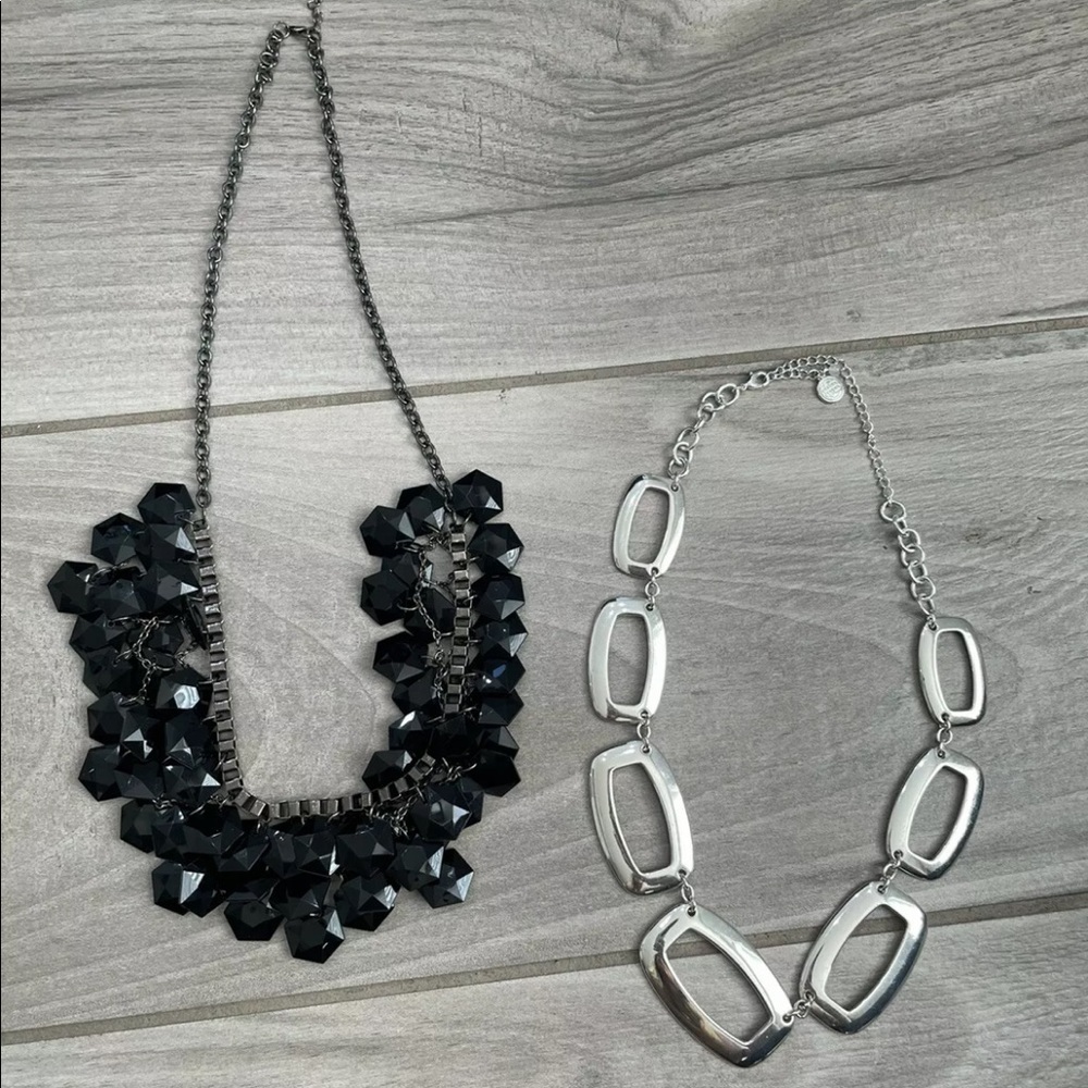 Necklace, lot of two necklaces, one silver tone with round black accents,